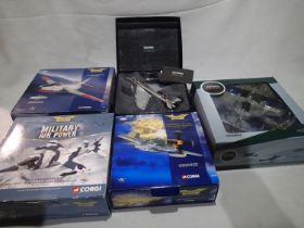 Five 1/72 scale die cast aircraft kits, corgi Harrier, Mustang and Hunter, and Oxford Meteor and