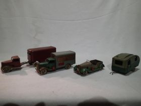 Triang Minic clockwork vehicles, learner car, Minic transport van, and caravan, all good