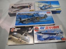 Five 1/72 scale aircraft kits, Academy ME 109E, Heller sabre and ME 109K4, Airfix Sopwith Pup and