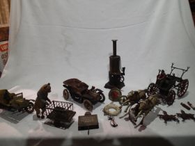 Pull along cast iron horses and cart with steam engine, clockwork bear and cart, two clockwork