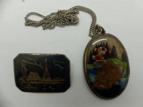 Sterling silver pendant necklace and brooch, both enamelled, chain L: 44 cm. UK P&P Group 0 (£6+