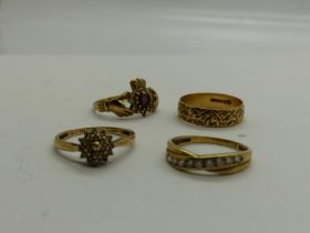 Four 9ct gold rings, three stone set, two with stones missing, various sizes, combined 6.8g. UK P&