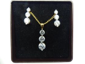 925 silver gilt pendant necklace and earring suite set with cubic zirconia, chain L: 40 cm. UK P&P