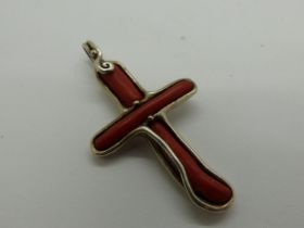 925 silver cross form pendant set with coral, H: 60 mm. UK P&P Group 0 (£6+VAT for the first lot and