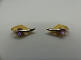 Pair of 9ct gold stud earrings set with amethyst, H: 20 mm, 2.2g. UK P&P Group 0 (£6+VAT for the