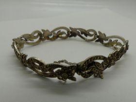 Silver and marcasite bracelet with safety chain, L: 16 cm. UK P&P Group 0 (£6+VAT for the first