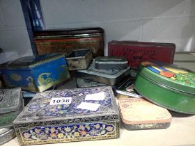 Shelf of mixed vintage tins. Not available for in-house P&P