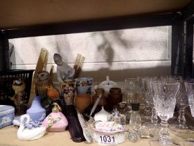 Shelf of mixed collectables, including Wedgwood and lead crystal etc. Not available for in-house P&P