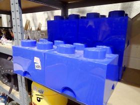Five blue Lego containers full of loose large and classic Lego. Not available for in-house P&P