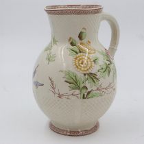 Large Victorian water jug with lozenge water mark, featuring birds and fish, H: 30cm. No cracks or
