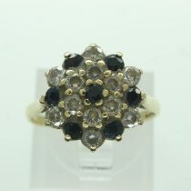 9ct gold cluster ring set with sapphires and cubic zirconia, size N, 2.6g. UK P&P Group 0 (£6+VAT