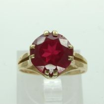 Yellow gold ruby set solitaire ring, unmarked, size L, 3.4g. UK P&P Group 0 (£6+VAT for the first