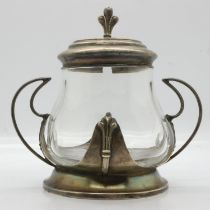 Hallmarked silver mounted glass preserve pot, Chester assay, maker J&C, H: 12 cm. Glass has no