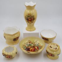 Six pieces of Aynsley Orchard Gold ceramics, largest H: 31 cm, crack to vase and small chip to bowl.