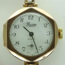 PRECISTA: 9ct gold cased ladies wristwatch, on a yellow metal bracelet, 15.9g, working at lotting