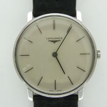 LONGINES: gents steel cased wristwatch, with leather strap, working at lotting, boxed. UK P&P