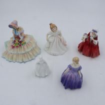 Four Royal Doulton ladies and one other, including Day Dreams, largest H: 14 cm, no chips or cracks.