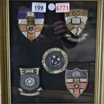 Framed five fabric coats of arms, H: 35 cm. UK P&P Group 3 (£30+VAT for the first lot and £8+VAT for
