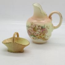 Royal Worcester blush ivory jug and miniature flower basket, H: 9 cm, no cracks or chips. UK P&P