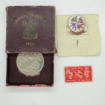 1951 Festival of Britain crown with stamp and London festival badge. UK P&P Group 0 (£6+VAT for