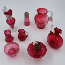 Mixed cranberry glass tableware, including an oil lamp, tallest H: 25cm, no cracks or chips. Not