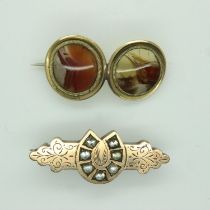 Two Victorian brooches, one set with two panels of agate. UK P&P Group 1 (£16+VAT for the first