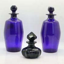 Two Bristol blue glass bottles (H: 20 cm) and a smaller perfume bottle, no chips or cracks. UK P&P