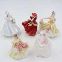 Five Royal Doulton ladies, including Top Of The Hill. Largest H: 21 cm, no chips or cracks. UK P&P