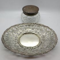 Hallmarked silver pierced dish (L: 20 cm) and a silver covered glass jar, 130g. UK P&P Group 3 (£