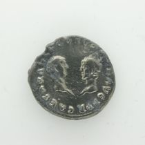 Roman silver Denarius of Emporer Vespasian with sons, Titus and Domitian, boxed. UK P&P Group 0 (£