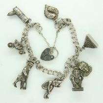 925 hallmarked silver chain and padlock with eight charms, 26g. UK P&P Group 0 (£6+VAT for the first