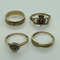 Four 9ct gold rings, three stone set, two with stones missing, various sizes, combined 6.8g. UK P&