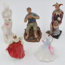 Royal Doulton ladies and Jester with Pan pipes, jester's hat is damaged, largest H: 29 cm. UK P&P