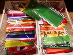 Two trays with thirty eight world cup flags including USA, most new, 150 x 90 cm. Not available