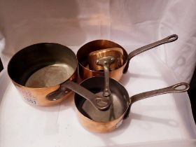 Set of four Les Cuivres de Faucogney French copper sauce pans. Not available for in-house P&P