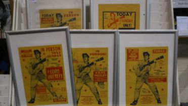 Five framed Elvis Presley posters, 45 x 32 cm. Not available for in-house P&P