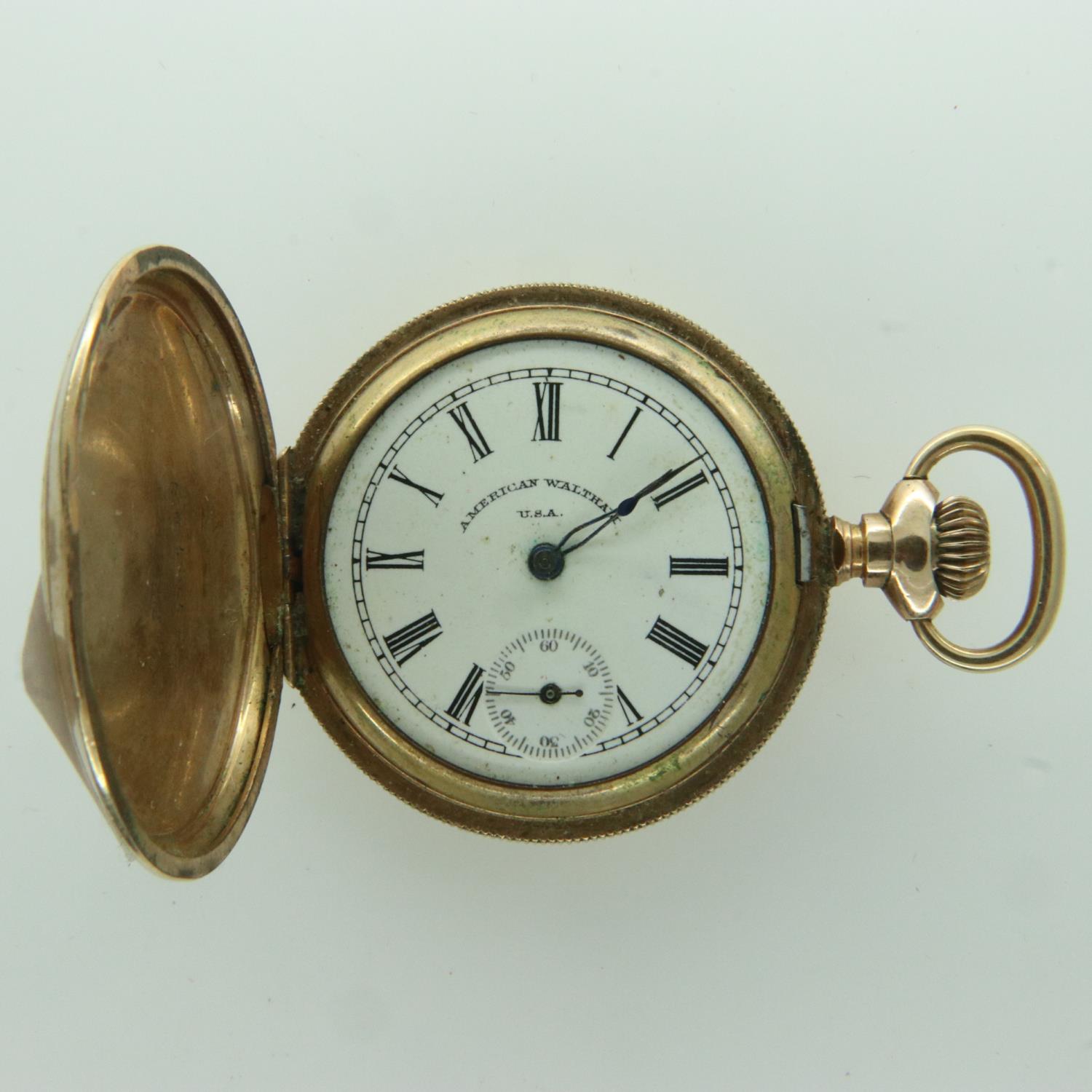 WALTHAM: gold plated crown wind full hunter fob watch, not working at lotting. UK P&P Group 0 (£6+