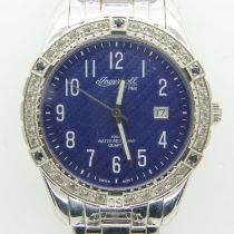 INGERSOLL: gents steel cased wristwatch with blue dial and stone-set bezel, in Avia case. UK P&P