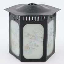 Chinese lamp shade with etched pagoda design, H: 17 cm. Light dings to metal frame, wear to paint in