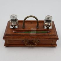 Wooden inkwell desk set and drawer, L: 25 cm. UK P&P Group 2 (£20+VAT for the first lot and £4+VAT