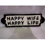 Cast iron Happy Wife sign. UK P&P Group 1 (£16+VAT for the first lot and £2+VAT for subsequent lots)