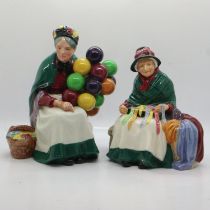 Two Royal Doulton figurines, Silks & Ribbons and The Old Balloon Seller, no cracks or chips, largest