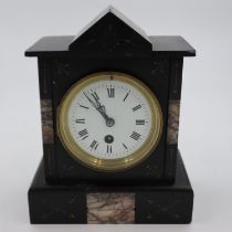 Slate mantel clock with marble inlay, H: 24 cm. UK P&P Group 3 (£30+VAT for the first lot and £8+VAT
