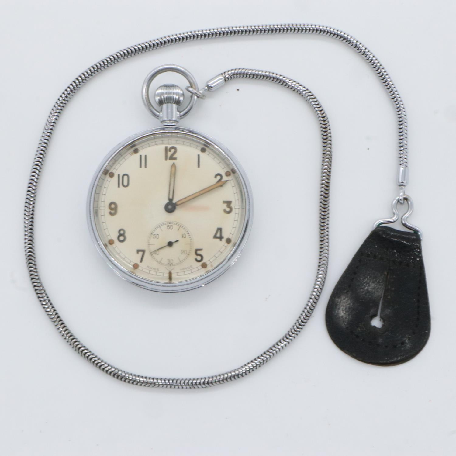 British WWII military issue chromium cased crown wind pocket watch, numbered verso Q17526, with