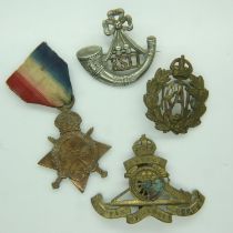 British WWI 1914-15 Star, to 12591 SJT W Brewer, Yorkshire Regiment, with three cap badges. UK P&P