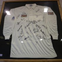 Cricket white long sleeve 5GM Star shirt, Tetleys, signed by the 1995 Yorkshire Team, professionally