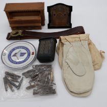 Mixed military items, including a pair of 1943 dated artillery mittens, US GI dressings, belt,