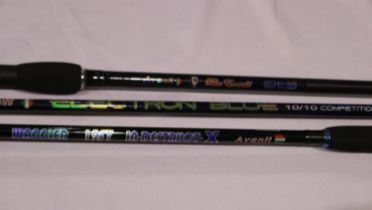 Three Avanti fishing rods, Electron Blue 10/10 competition feeder, 11ft Barbel and a 12ft waggler.