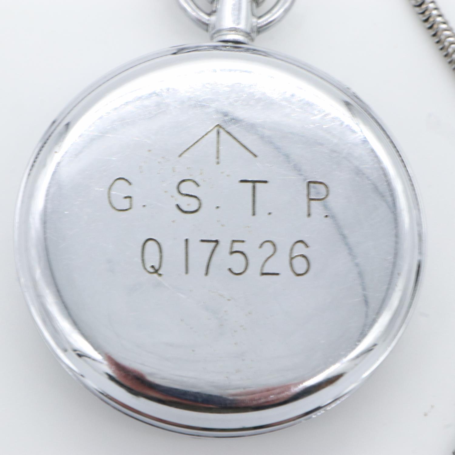 British WWII military issue chromium cased crown wind pocket watch, numbered verso Q17526, with - Image 2 of 2