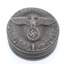 A circular replica Third Reich snuff or tobacco box with inscription to base. UK P&P Group 1 (£16+